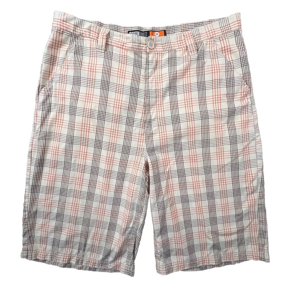SouthPole Shorts Mens Size 38 Orange Brown Tattersall Plaid Bermuda‎ Flat Front
